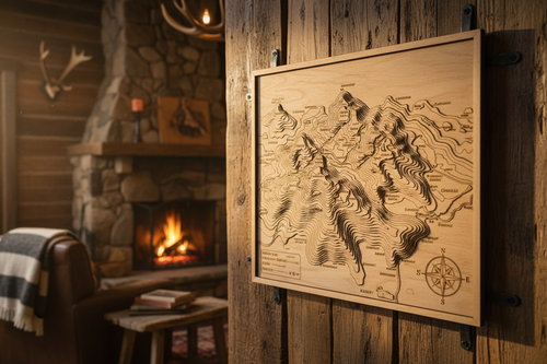 A premium wooden laser-cut hiking trail map displayed in a cozy cabin setting, showing mountain terrain with topographic contour lines carved into natural wood, professional product photography with warm rustic lighting