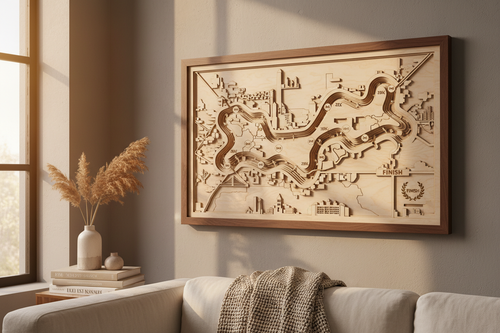 A premium wooden laser-cut marathon route map wall art, showing a city marathon route carved into light birch wood with multiple layers creating 3D depth effect, displayed on a modern living room wall, professional product photography, warm lighting, elegant home decor setting